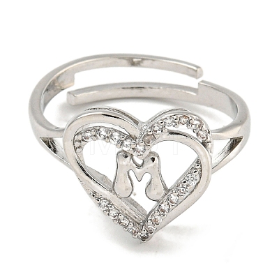 Heart with Letter Rack Plating Brass Micro Pave Clear Cubic Zirconia Adjustable Rings for Women RJEW-I105-01P-M-1