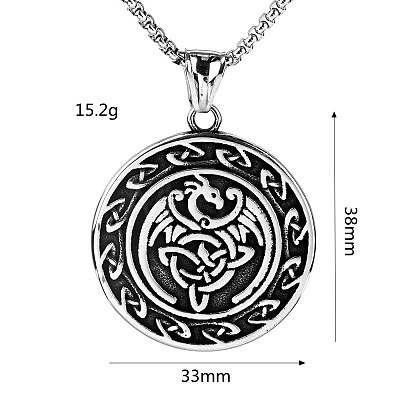 Vintage 304 Stainless Steel Viking Duo Dragon Coin Pendant Necklaces for Men WGF65AB-01-1