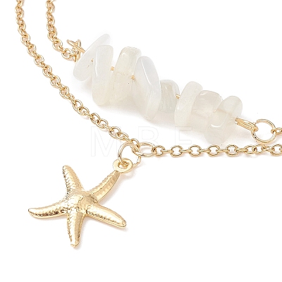 Natural White Moonstone Chips Beaded & Starfish Charms Double Layer Multi-strand Bracelet AJEW-AN00511-01-1