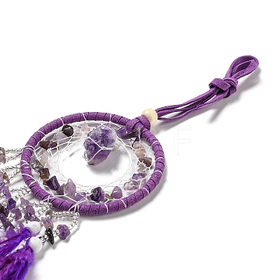 Natural Amethyst Woven Web/Net with Feather Pendant Decorations PW-WG69741-01-1