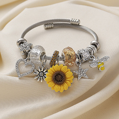 Sunflower & Heart & Bees Brass Cuff Bangles FS-WG88ED5-01-1