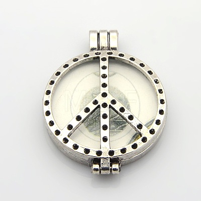 Hollow Peace Sign Flat Round Photo Frames Alloy Diffuser Locket Pendants PALLOY-J413-21AS-NF-1