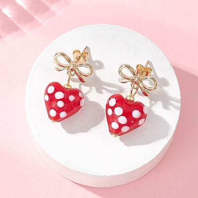 Heart with Bowknot Alloy Lampwork Dangle Stud Earrings EJEW-JE06793-1