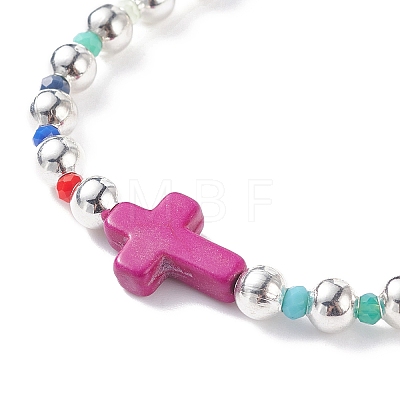 Synthetic Turquoise(Dyed) Cross Stretch Bracelet with Glass for Women X-BJEW-JB07663-1
