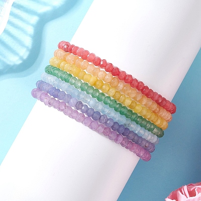 7Pcs Dyed Natural Malaysia Jade Rondelle Beads Stretch Bracelets for Women BJEW-JB13048-1