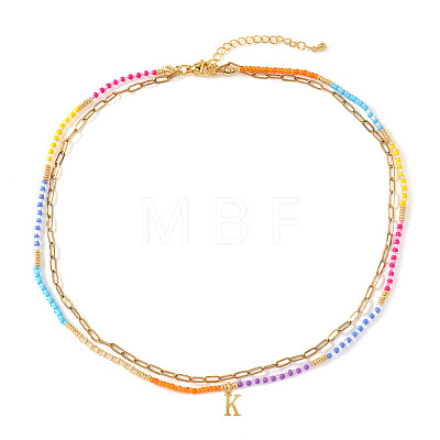Colorful Glass Seed Beaded Initial Pendant Double Layer Necklaces QS3881-11-1