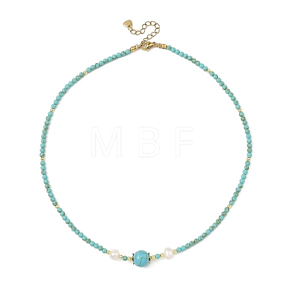 Synthetic Turquoise Round and Natural Cultured Freshwater Pearl Beaded Necklaces NJEW-JN06554-01-1