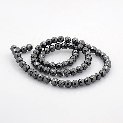 Faceted Round Non-magnetic Synthetic Hematite Beads Strands G-P061-60-6mm-1