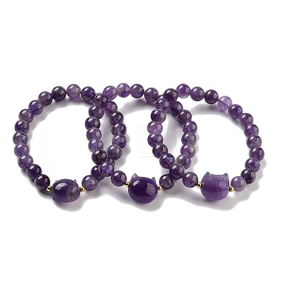 Round & Cat Head Natural Amethyst Beaded Stretch Bracelets for Women BJEW-K251-03A-1