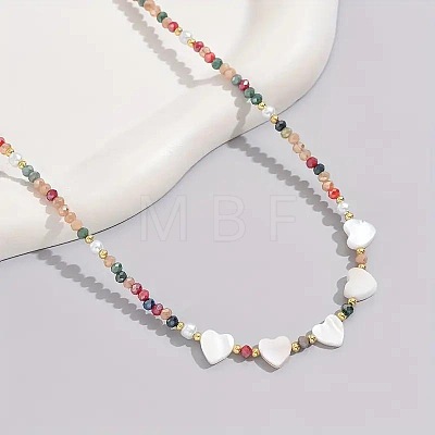Heart Natural White Shell & Colorful Faceted Rondelle Glass Beaded Necklaces for Women BI2197-1
