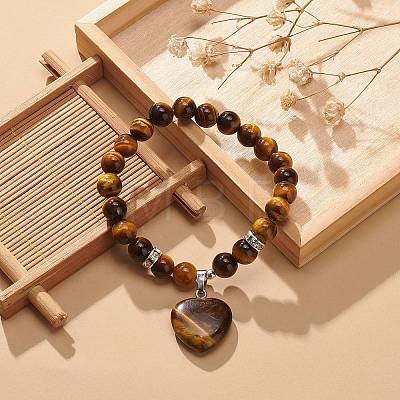 Natural Tiger Eye Round Beaded Stretch Bracelet with Heart Charm BJEW-JB09019-04-1