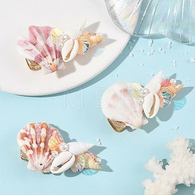 Natural Shell & Shell Pearl & PVC & Iron Alligator Hair Clips PHAR-TA000005-1