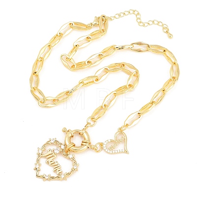 Mother's Day Brass Pave Clear Cubic Zirconia Mama Heart Pendant Necklaces NJEW-A071-04G-1