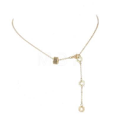 Brass Micro Pave Black Cubic Zirconia Column Bead and Love Disc Pendant Cable Chain Necklaces NJEW-JN05767-1