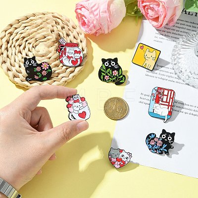 9Pcs 9 Styles Cartoon Cat & Flower Enamel Pins JEWB-SZ0002-07-1