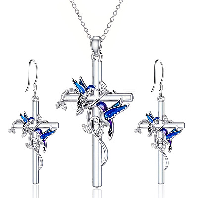 Cross with Bird Alloy Enamel Pendant Necklaces & Dangle Earrings Sets FS-WG79AEB-02-1