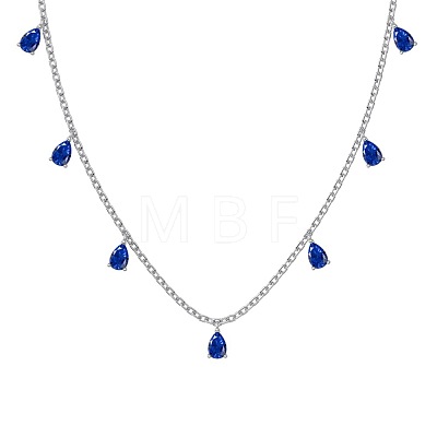 Rhodium Plated 925 Sterling Silver Pave Blue Cubic Zirconia Cable Chain Teardrop Tassel Necklaces for Women NJEW-Q342-14P-1