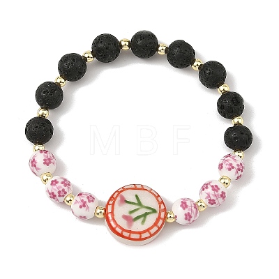 2Pcs 2 Colors Handmade Printed Porcelain Floral Flat Round & Round Natural Lava Rock Beaded Stretch Bracelet Sets BJEW-JB14186-1