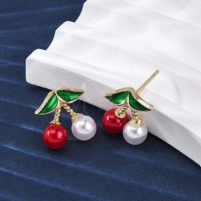 Cherry Brass ABS Plastic Pearl Stud Earrings EJEW-U062-04B-01G-1