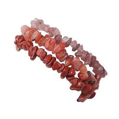 3Pcs Natural Rhodonite & Natural Red Jasper & Natural Strawberry Quartz Chip Beaded Stretch Bracelet Sets BJEW-JB10866-1