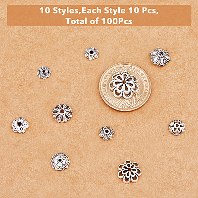 100Pcs 10 Style Hollow Tibetan Style Alloy Bead Caps FIND-HY0001-49-1