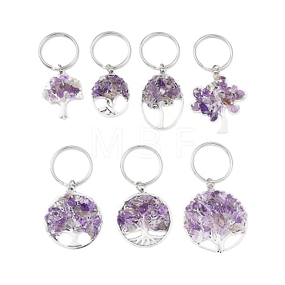 Natural Amethyst Chip & Alloy Tree of Life Pendant Keychain KEYC-JKC00648-06-1