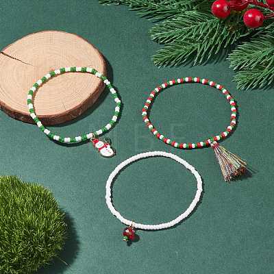 3Pcs 3 Style Glass Seed Stretch Bracelets Set with Alloy Santa Claus and Polyester Tassel Charm BJEW-TA00091-1