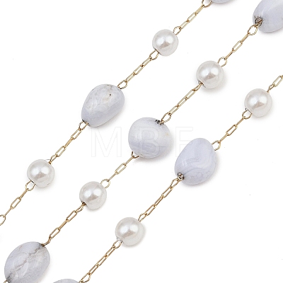Natural Blue Lace Agate Nuggets & 316 Stainless Steel Handmade Link Chains CHS-K021-14G-16-1