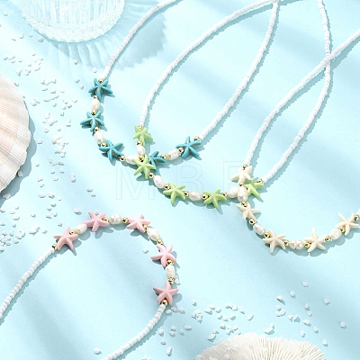 Ocean Sea Animals Synthetic Turquoise & Natural Cultured Freshwater Pearl & Glass Seed Beaded Necklaces for Women NJEW-JN06127-01-1