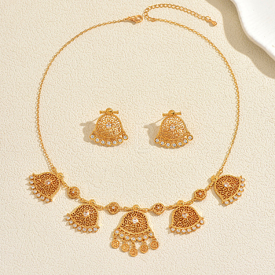 Vintage Brass Micro Pave Clear Cubic Zirconia Filigree Bell Pendant Necklace & Stud Earrings Set for Women JR0711-1