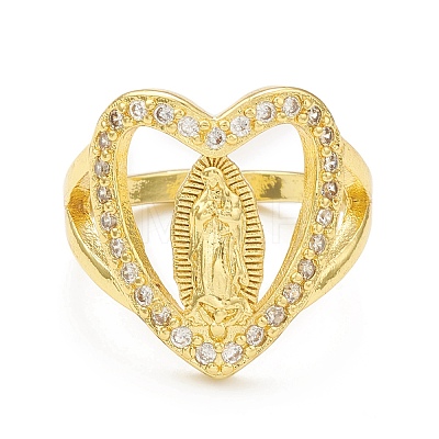 Clear Cubic Zirconia Heart with Virgin Mary Open Cuff Ring RJEW-C047-04G-1