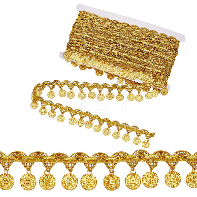 Polyester Braided Metallic Lace Trim with Metal Flat Round Tassel OCOR-WH0082-537A-1