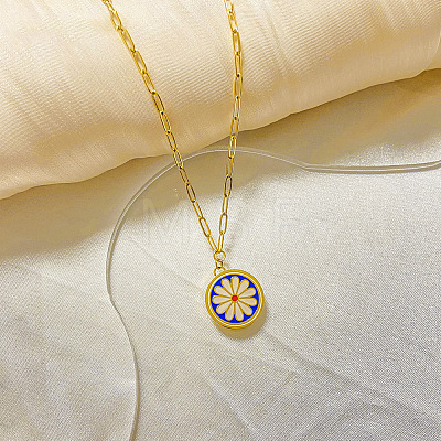 303 Stainless Steel Enamel Flat Round with White Flower Pendant Necklaces for Women FS-WGC7F5D-01-1