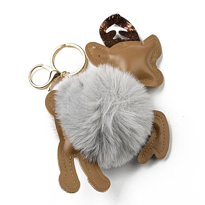 Imitation Rex Rabbit Fur & PU Leather Christmas Reindeer Pendant Keychain KEYC-K018-02KCG-01-1