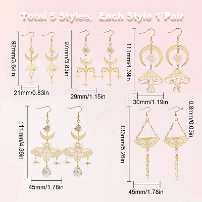 5 Pairs 5 Style Star & Moon Tarot Theme Alloy Dangle Earrings for Women EJEW-SC0001-32-1