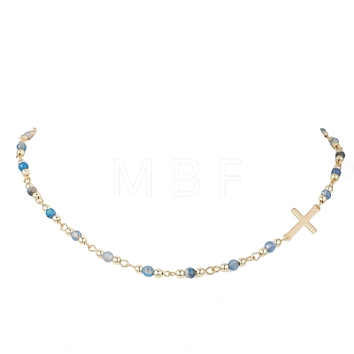 Faceted Dyed Natural Agate Round Beads & 304 Stainless Steel Tiny Cross Handmade Link Chain Necklaces NJEW-JN05842-01-1
