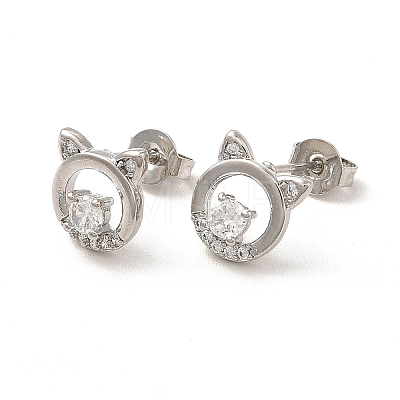Clear Cubic Zirconia Hollow Out Cat Stud Earrings EJEW-F301-14-1