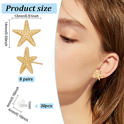 BENECREAT 6 Pairs Rack Plating Brass Starfish Stud Earrings KK-BC0013-51-1