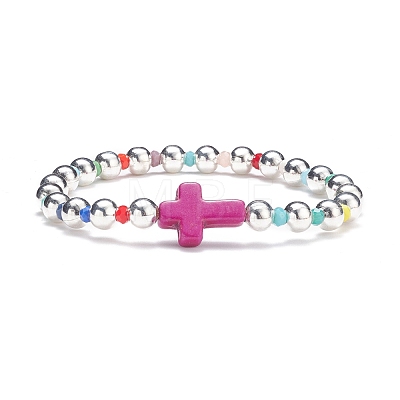 Synthetic Turquoise(Dyed) Cross Stretch Bracelet with Glass for Women BJEW-JB07663-1