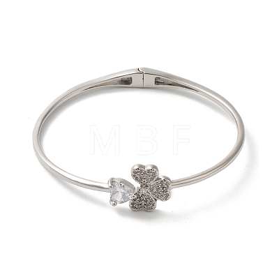 Rack Plating Brass Pave Clear Cubic Zirconia Clover & Heart Hinged Bangles BJEW-H616-01P-1