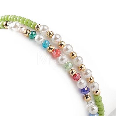 2Pcs 2 Style Glass Seed & Imitation Pearl & Brass Beaded Stretch Bracelets Set for Women BJEW-JB09033-1