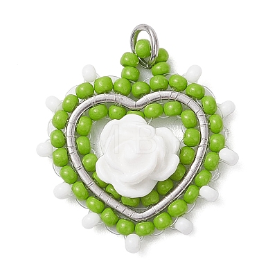 Glass Seed Beaded Heart with Rose Pendants PALLOY-MZ01030-01-1