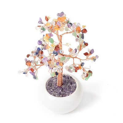 Natural Gemstone Chips with Brass Wrapped Wire Money Tree on Ceramic Vase Display Decorations DJEW-B007-02F-1