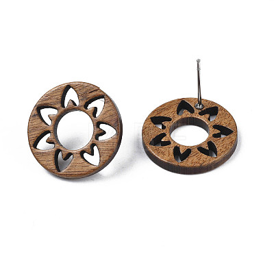 Donut with Flower Walnut Wood Stud Earrings with 316 Stainless Steel Pin for Women X-EJEW-N017-007-1