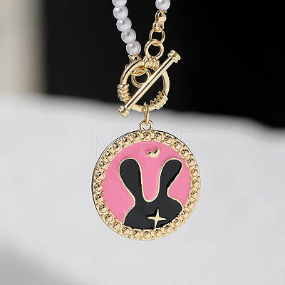 Easter Alloy Enamel Flat Round with Rabbit Pendant White Round Imitation Pearl Beaded OT Necklaces FS-WG9ECA9-01-1