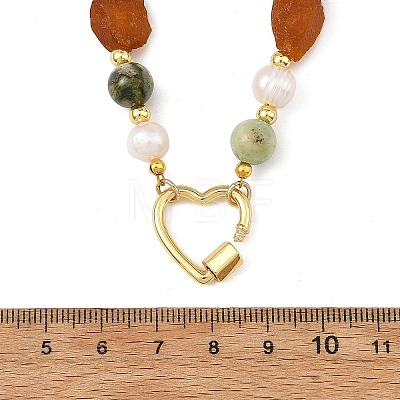 Raw Rough Natural Amber & Round Green Line Jasper & Potato Pearl Beaded Necklaces with Brass Screw Carabiner Lock Charms NJEW-JN06583-02-1