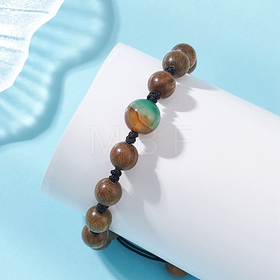 Wood & Natural Peacock Agate Beaded Adjustable Bracelets for Women Men BJEW-TA00733-1