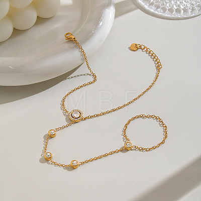 304 Stainless Steel Pave Flat Round Clear Cubic Zirconia Hand Chain Ring Bracelets for Women KK9979-1