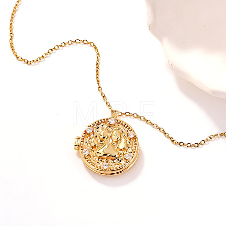 Brass Pave Clear Cubic Zirconia Flat Round with Paw Print Photo Locket Pendant Necklaces for Women WG0A403-05-1