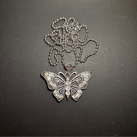 European Style Vintage Alloy Rhinestone Butterfly Pendant Ball Chain Necklaces for Women YE8712-1-1